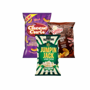 Willards cheese curls balls chutney 100g X 1, Jumpin jack cheese and  green onion 100g X1 and Simba smoked beef 120g X1