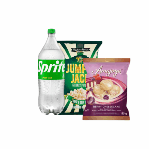 ABI Sprite 2L, Jumpin jack cheese and green onion 100g and Amajoya berry cheesecake 135g