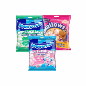 Manhattan marshmallows cream soda and vanilla 150g, Pink and white 150g and Beacon Mallows twisters 150g